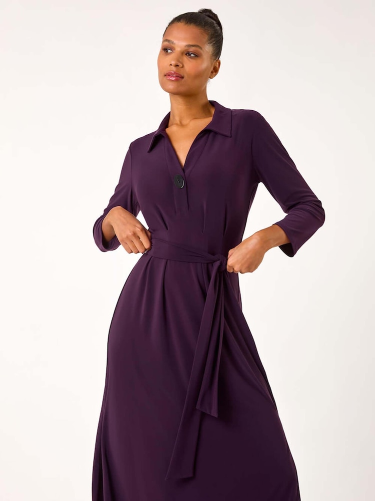 Roman Purple V-Neck Belted Shirt Midi Dress - Image 2 of 5