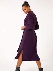 Roman Purple V-Neck Belted Shirt Midi Dress - Image 3 of 5