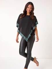 Roman Green Sequin Hem Overlay Stretch Top - Image 1 of 5
