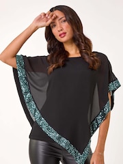 Roman Green Sequin Hem Overlay Stretch Top - Image 2 of 5
