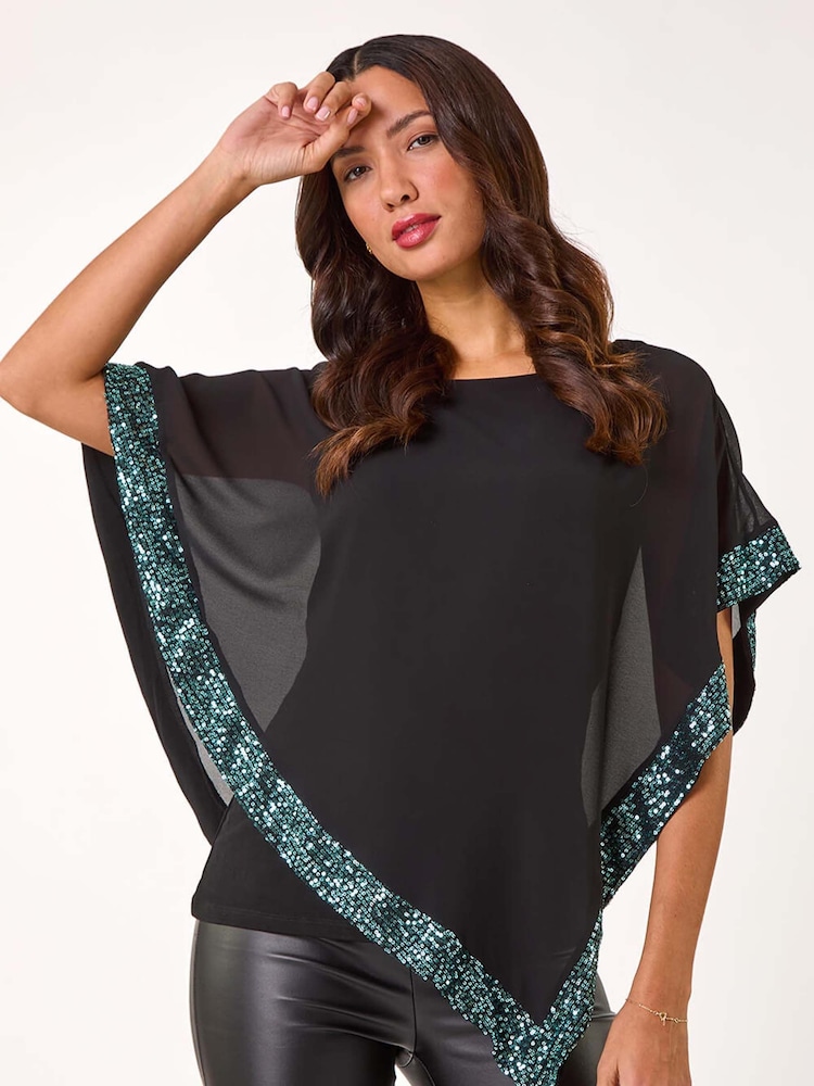 Roman Green Sequin Hem Overlay Stretch Top - Image 2 of 5