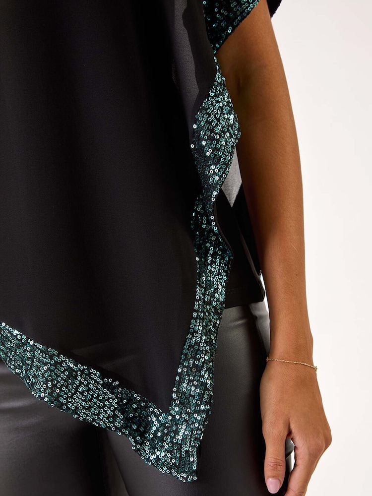 Roman Green Sequin Hem Overlay Stretch Top - Image 5 of 5
