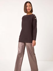 Roman Brown Slash Neck Button Detail Knit Jumper - Image 2 of 5