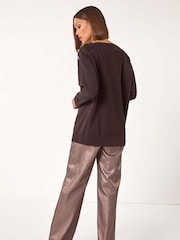 Roman Brown Slash Neck Button Detail Knit Jumper - Image 3 of 5