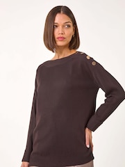 Roman Brown Slash Neck Button Detail Knit Jumper - Image 4 of 5