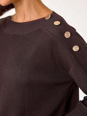 Roman Brown Slash Neck Button Detail Knit Jumper - Image 5 of 5