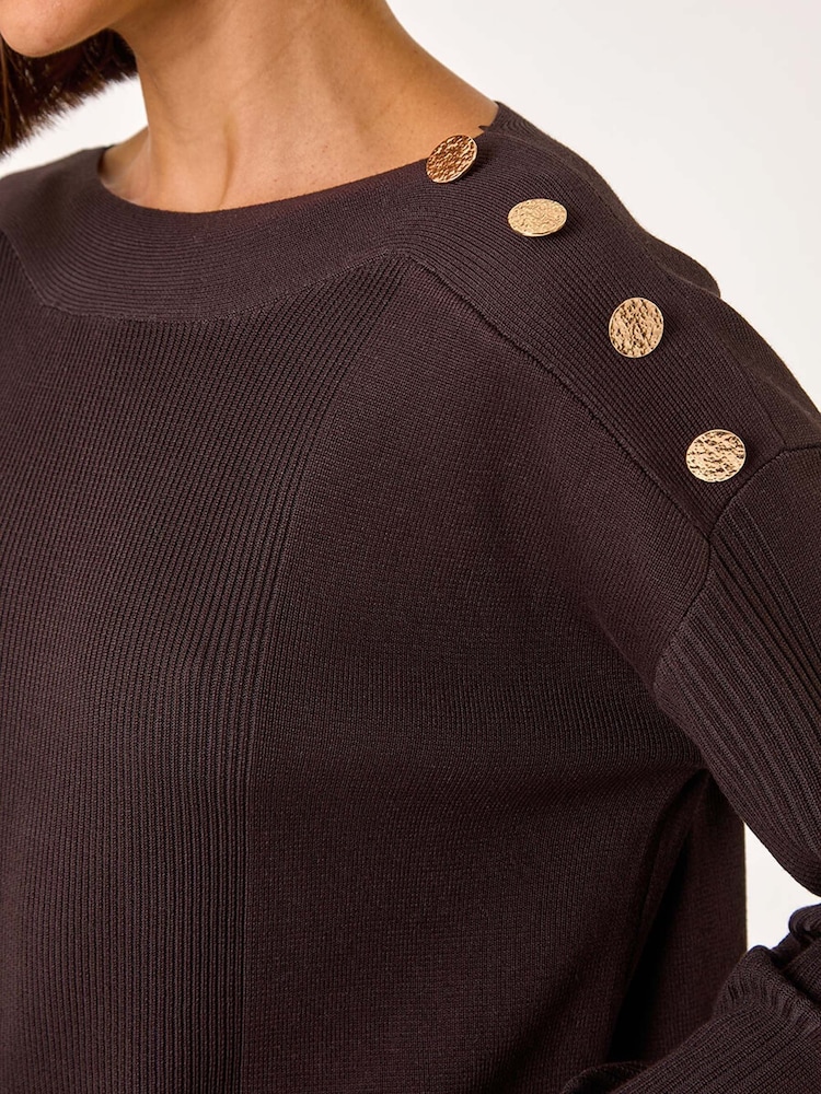 Roman Brown Slash Neck Button Detail Knit Jumper - Image 5 of 5