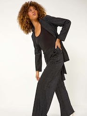 Roman Black Velvet Stud Detail Wide Leg Stretch Trousers - Image 1 of 5