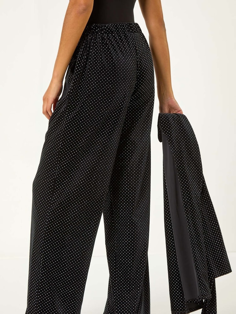 Roman Black Velvet Stud Detail Wide Leg Stretch Trousers - Image 3 of 5