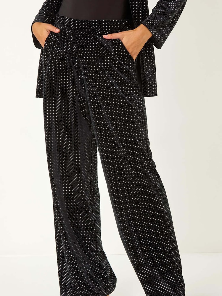 Roman Black Velvet Stud Detail Wide Leg Stretch Trousers - Image 4 of 5