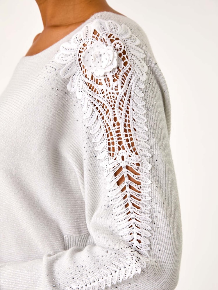 Roman White Sleeve Embellished Knit Jumper - Image 5 of 5