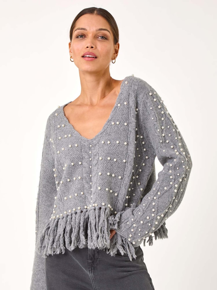 Roman Grey V-Neck Fringe Textured Jumper - Image 1 of 5