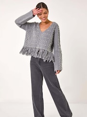 Roman Grey V-Neck Fringe Textured Jumper - Image 2 of 5