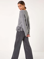 Roman Grey V-Neck Fringe Textured Jumper - Image 3 of 5