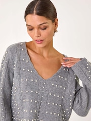 Roman Grey V-Neck Fringe Textured Jumper - Image 4 of 5