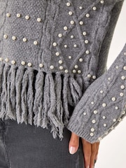 Roman Grey V-Neck Fringe Textured Jumper - Image 5 of 5
