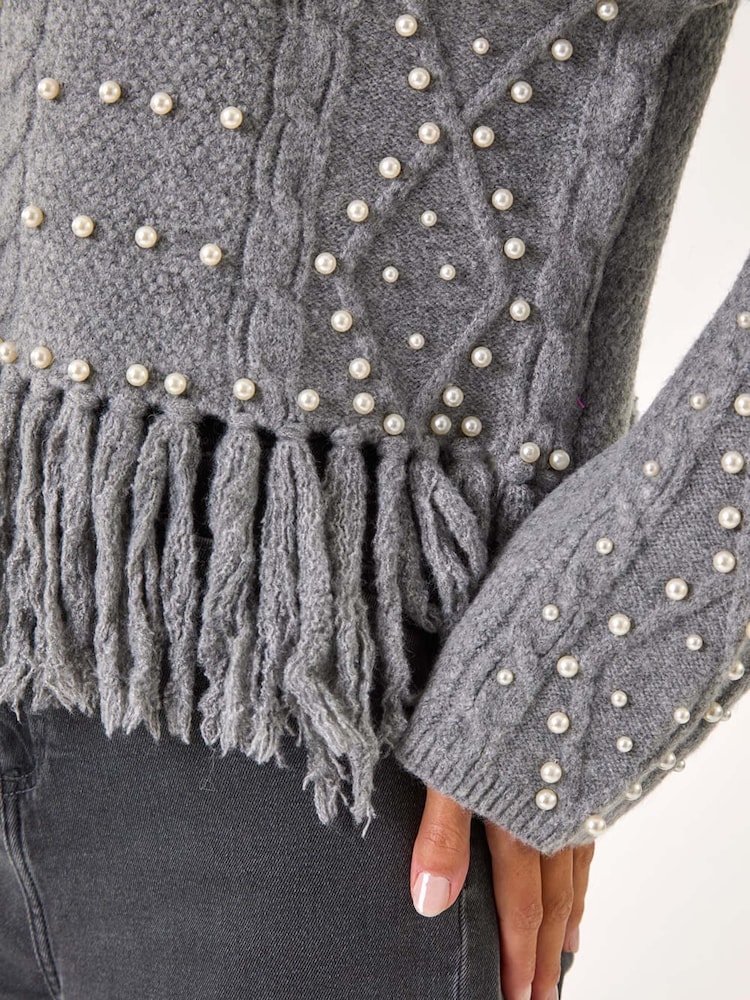 Roman Grey V-Neck Fringe Textured Jumper - Image 5 of 5