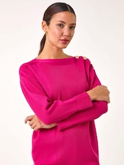 Roman Pink Slash Neck Button Detail Knit Jumper - Image 1 of 5