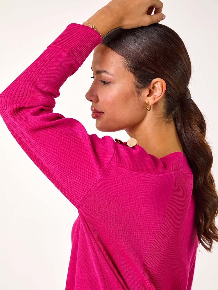 Roman Pink Slash Neck Button Detail Knit Jumper - Image 2 of 5