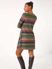 Roman Blue Stripe Print Side Button Shift Dress - Image 3 of 5