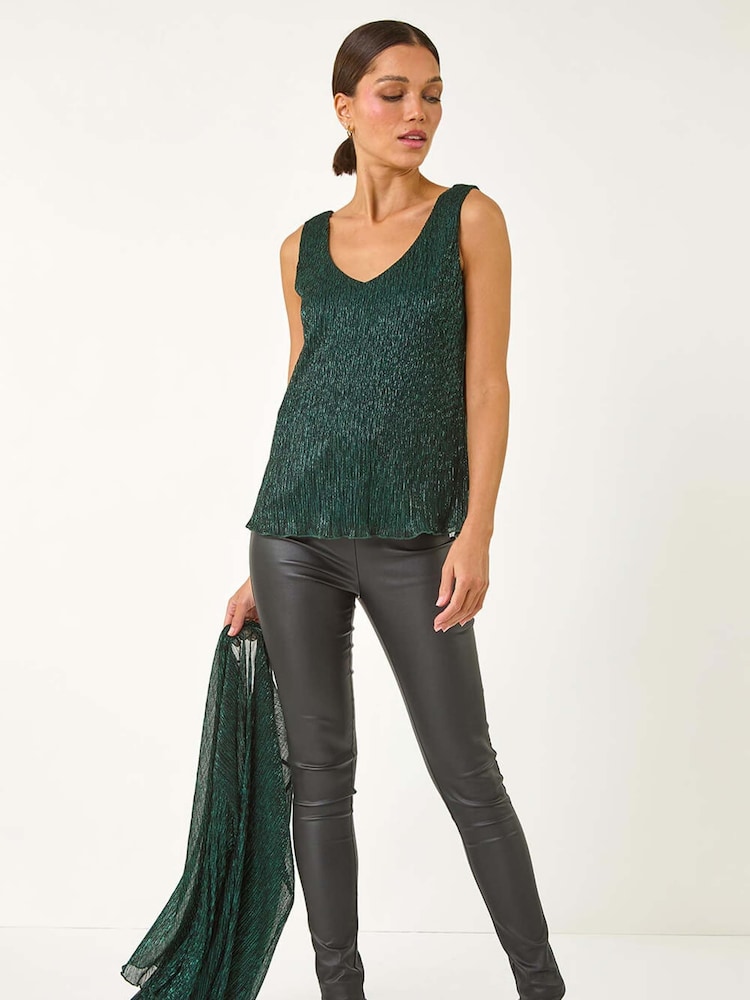Roman Green V-Neck Metallic Spot Plisse Vest Top - Image 1 of 5