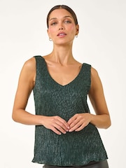 Roman Green V-Neck Metallic Spot Plisse Vest Top - Image 2 of 5
