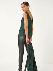 Roman Green V-Neck Metallic Spot Plisse Vest Top - Image 3 of 5