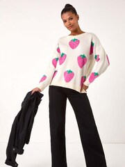 Roman White Strawberry Print Knitted Jumper - Image 2 of 5
