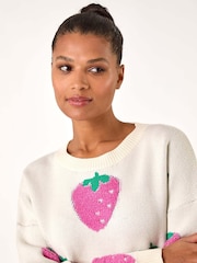 Roman White Strawberry Print Knitted Jumper - Image 4 of 5