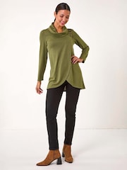 Roman Green Wrap Front Cowl Neck Top - Image 1 of 5