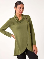 Roman Green Wrap Front Cowl Neck Top - Image 2 of 5