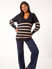 Roman Black Boyfriend Stripe V-Neck Knit Jumper - Image 1 of 5