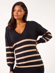 Roman Black Boyfriend Stripe V-Neck Knit Jumper - Image 2 of 5