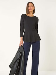 Roman Black Textured Peplum Stretch Top - Image 1 of 5