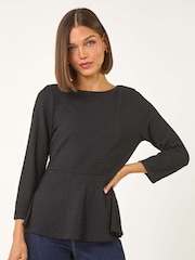Roman Black Textured Peplum Stretch Top - Image 2 of 5