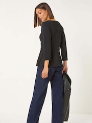 Roman Black Textured Peplum Stretch Top - Image 3 of 5