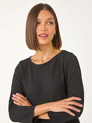 Roman Black Textured Peplum Stretch Top - Image 4 of 5