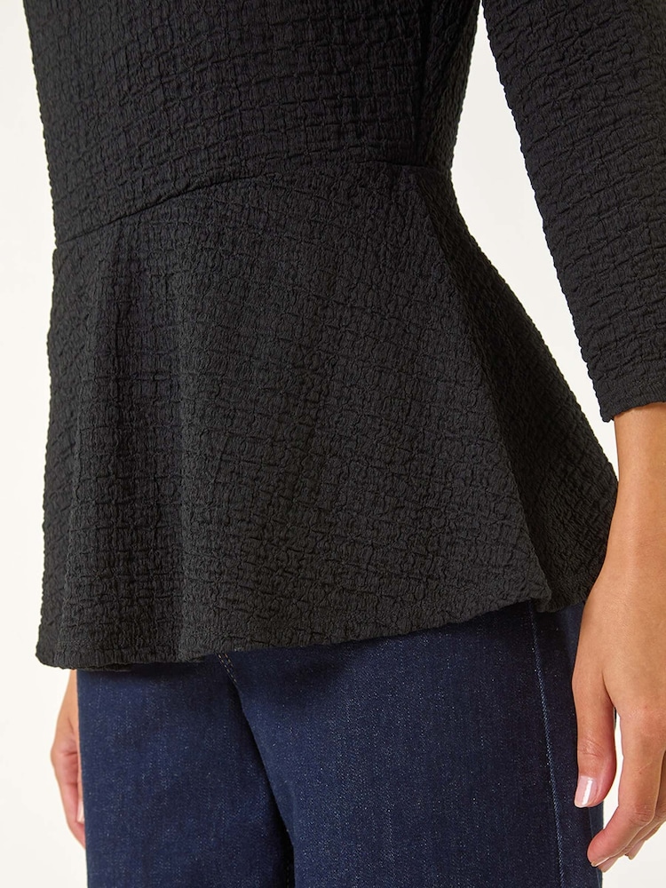 Roman Black Textured Peplum Stretch Top - Image 5 of 5