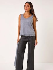 Roman Metallic V-Neck Metallic Spot Plisse Vest Top - Image 2 of 5