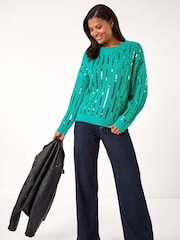 Roman Green Striped Sequin Knitted Jumper - Image 1 of 5
