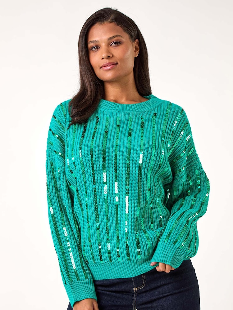 Roman Green Striped Sequin Knitted Jumper - Image 2 of 5