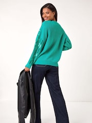 Roman Green Striped Sequin Knitted Jumper - Image 3 of 5