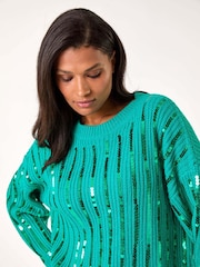 Roman Green Striped Sequin Knitted Jumper - Image 4 of 5