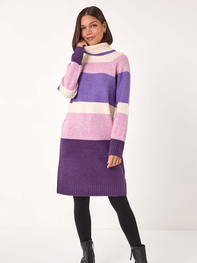 Roman Purple Stripe Roll Neck Knitted Dress - Image 2 of 5