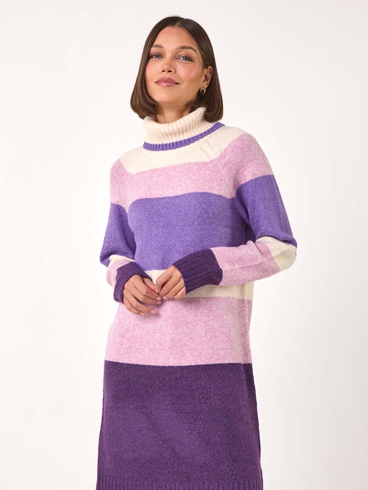 Roman Purple Stripe Roll Neck Knitted Dress - Image 4 of 5