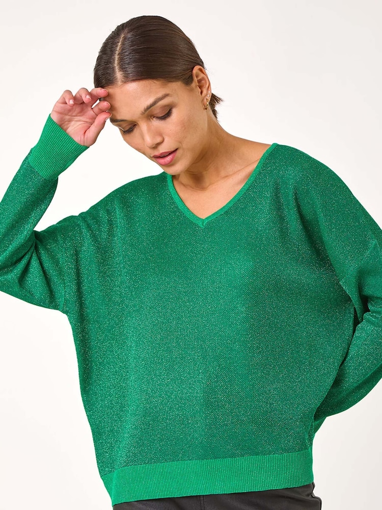 Roman Green V-Neckline Sparkle Knit Jumper - Image 1 of 5