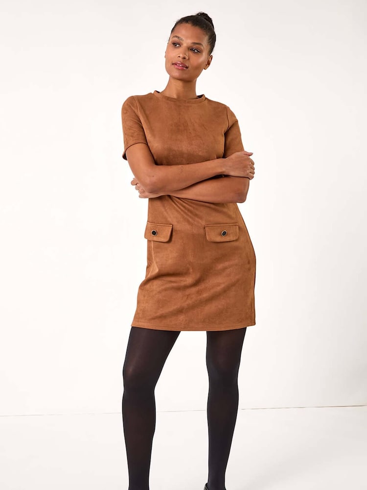 Roman Brown Suedette Button Shift Stretch Dress - Image 1 of 5