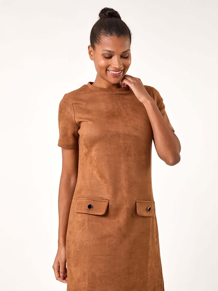 Roman Brown Suedette Button Shift Stretch Dress - Image 2 of 5