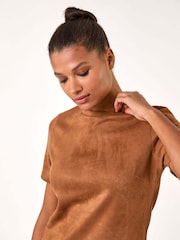 Roman Brown Suedette Button Shift Stretch Dress - Image 4 of 5