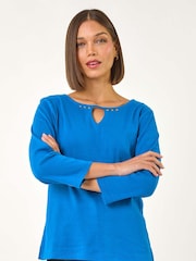 Roman Blue Trim Detail Keyhole 100% Cotton Stretch Top - Image 1 of 5